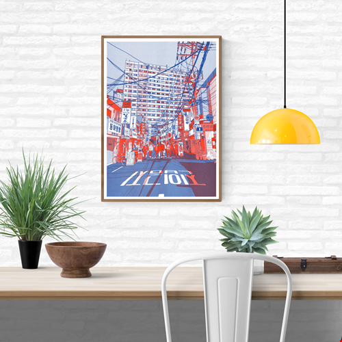 Vibrant risograph print by French illustrator Matthieu Surrel depicting a busy Seoul street filled with power lines, neon signs, and pedestrians, printed in bold red and blue tones on Munken White paper. A3 art print inspired by Myeong-dong’s paper and printing district, perfect for fans of contemporary urban illustration.