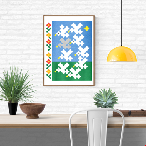 Colorful risograph art print titled Nine Birds by Joe O'Donnell. Features stylized white and gray birds with yellow beaks flying over a blue and green background, framed by red and yellow flowers. Modern geometric illustration blending nature and minimal digital design.