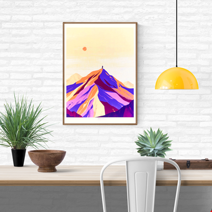 Minimalist giclée art print of the Alps by Belgian illustrator Linde Raats, featuring a pastel-colored mountain landscape in soft purple, peach, and cream tones with a small figure at the summit – 30x40 cm fine art print for modern interiors
