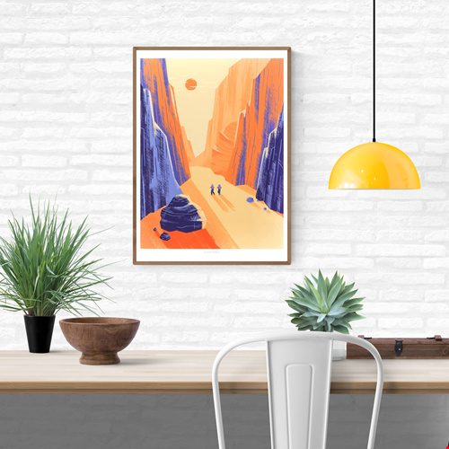 Illustration of Charyn Canyon by Linde Raats featuring two hikers walking through a vast, sunlit desert canyon surrounded by towering orange and purple cliffs. Minimalist landscape art print inspired by natural wonders, perfect for travel lovers, adventure-themed interiors, and contemporary wall decor—available at Galerie Frits
