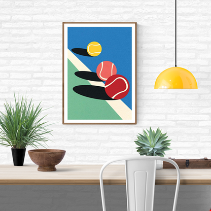 Minimalist art print 3 Tennis Balls by Rosi Feist — a vibrant digital illustration featuring three tennis balls in red, yellow, and pink with bold shadows on a blue and green court. Perfect contemporary wall art for sport lovers and modern design enthusiasts, 50 x 70 cm high-quality digital print.