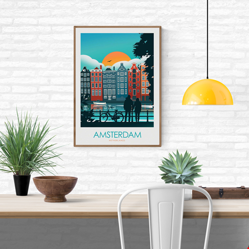 Colorful Amsterdam travel poster by Studio Inception featuring canal houses at sunset, a couple by the water, and a bicycle silhouette. Modern wall art print evoking Dutch architecture, romance, and vibrant city life.