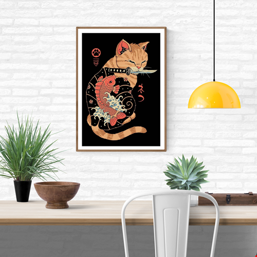 High-quality digital art print by Vincent Trinidad titled Tattooed Cat, featuring a stylized orange cat with a koi fish tattoo and a katana in its mouth, blending Japanese tattoo art and pop culture aesthetics. Perfect wall art for lovers of Japan-inspired design and contemporary illustration.