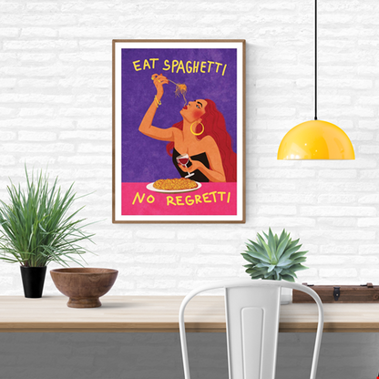 Colorful pop art poster by Raissa Oltmanns showing a glamorous woman with red hair eating spaghetti and holding a glass of wine, with the phrase “Eat Spaghetti No Regretti” in bold yellow letters on a purple and pink background. Perfect kitchen wall art with Italian humor and retro style.