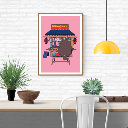 Colorful Japanese ramen stand illustration featuring Totoro and friends eating ramen under red lanterns, created by Rafa Gomes. Pop culture digital art print with pink background, inspired by anime and Japanese street food aesthetics.