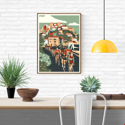 High-quality art print Milan San Remo by Eliza Southwood, showing cyclists racing along the Italian Riviera under a sunlit sky with colorful hillside houses. Retro-inspired illustration celebrating classic cycling, perfect wall art for sports and design lovers.