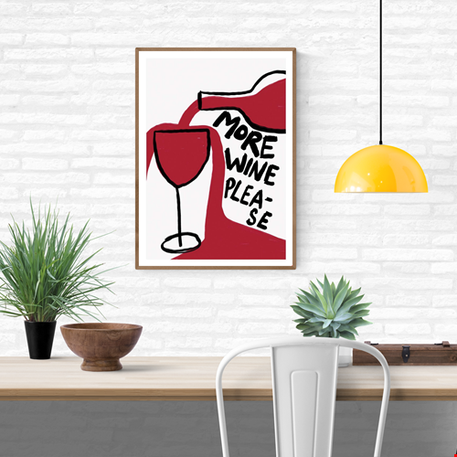 Playful wine-themed art print by Athene Fritsch featuring a hand-drawn wine bottle pouring red wine into a glass with the text “More Wine Please” in bold black letters. Perfect humorous wall art for wine lovers, kitchen decor, or dining spaces.