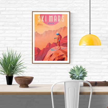 Retro-futuristic art print Ski Mars by Mark Harrison showing an astronaut skier overlooking the red Martian landscape under a pink sun. Vibrant orange and blue tones create a nostalgic sci-fi travel poster style, perfect wall art for design and space lovers.