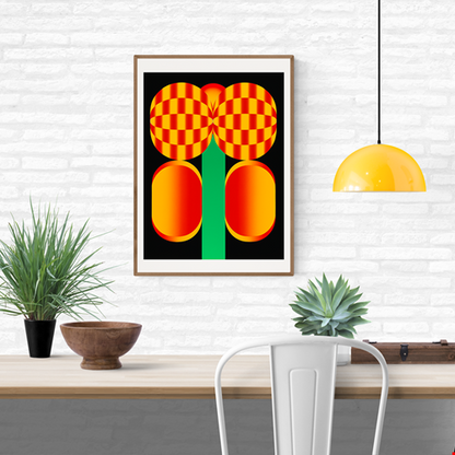 Bold graphic screenprint of a stylized red and yellow flower with geometric shapes on a black background – popping flower by PTRVRKD, 40 x 50 cm limited edition art print made in the Netherlands.