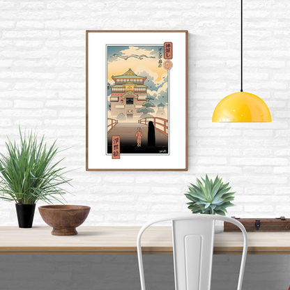 Japanese Ukiyo-e style art print by Vincent Trinidad inspired by Spirited Away, featuring a traditional bathhouse, bridge, dragon in the sky, and two characters standing before the entrance at sunset; high-quality digital art print 50x70 cm printed in France.