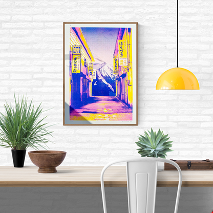A3 risograph collage print of Fuji Street by PTRVRKD, handmade in vibrant pink, yellow, and blue tones, featuring a Japanese street with Mount Fuji in the background.
