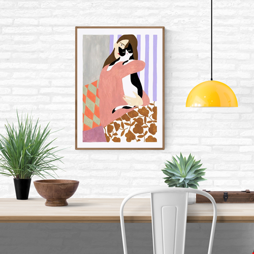 Art print 'Cat and Woman' by Depeapa – modern illustration of a woman lovingly embracing a black and white cat. Contemporary artwork with bold colors, patterned textiles, and minimalist forms. A cozy and emotional composition perfect for cat lovers and modern art collectors, available at Galerie Frits