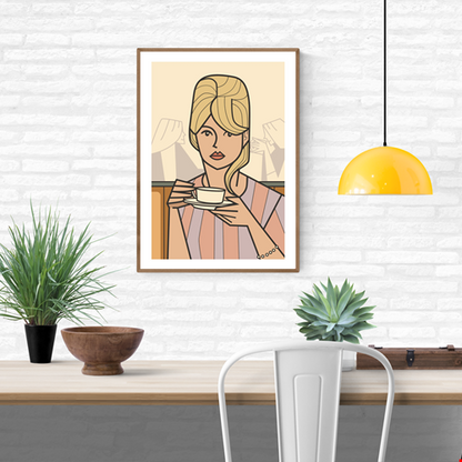 Dreaming of … by Floor 4 Productions, A3 art print featuring a serene, stylish woman in soft pastel tones, created in a clean four-color graphic style on textured matte 300gsm paper. Elegant modern illustration perfect for adding calm, sophisticated charm to living rooms, bedrooms, cafés, and contemporary interiors.