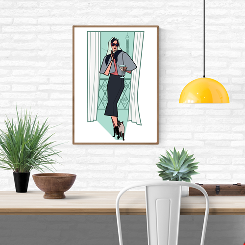 Illustration of a stylish woman in sunglasses holding a cocktail on a Paris balcony with the Eiffel Tower behind her, accompanied by a Siamese cat at her feet; modern geometric style, soft pastel tones, A4/A3 art print by Floor 4 Productions; perfect for chic home décor and contemporary wall art.