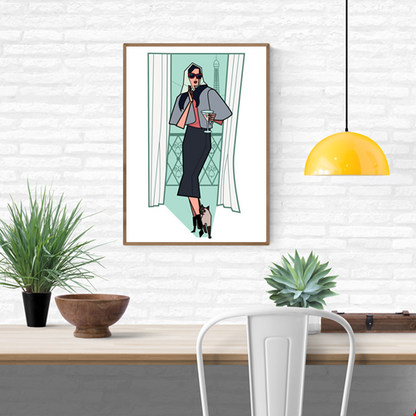Illustration of a stylish woman in sunglasses holding a cocktail on a Paris balcony with the Eiffel Tower behind her, accompanied by a Siamese cat at her feet; modern geometric style, soft pastel tones, A4/A3 art print by Floor 4 Productions; perfect for chic home décor and contemporary wall art.