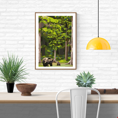 Limited edition forest illustration ‘Momma Bear’ by Floor 4 Productions, showing a mother bear and cub in a lush green woodland with layered geometric shapes; A3 four-color print on 300 gsm matte textured paper; modern nature wall art from Belgium.