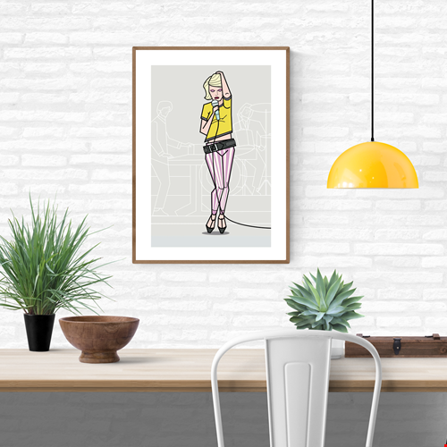 Illustration of a stylish punk singer in pastel striped pants and a yellow crop top, holding a microphone with confident attitude, created by Floor 4 Productions. Modern geometric line style with subtle band figures in the background. Limited edition art print available in A4 or A3, four-color print on matte 300g textured paper, perfect for music lovers and contemporary art collectors.