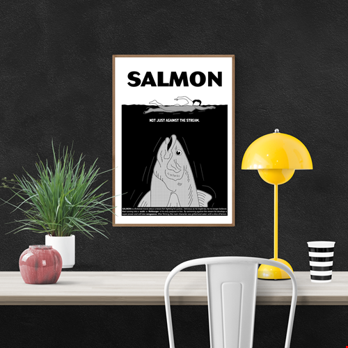 Black and white risograph art print by Studio Stoutpoep titled “Salmon”, parodying a movie poster with a fish seeking justice and a swimmer above – bold comic-style illustration, 50 x 70 cm.