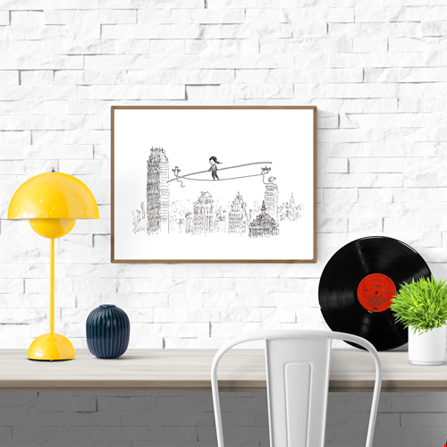 Minimalist Giclée art print by Willy Leung, delicate line drawing of a girl walking a tightrope above a whimsical city skyline, printed on premium Hahnemühle paper in Belgium.