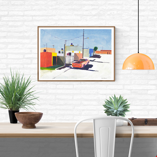 Risograph art print of San Luis Potosi, Mexico City by Japanese artist Nao Tatsumi. A colorful urban street scene featuring pastel buildings and a red pickup truck under bright sunlight, capturing the beauty of everyday Mexican architecture in a minimalist, painterly style.