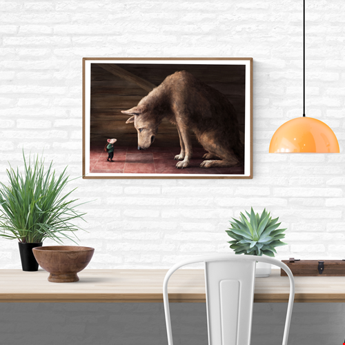 High-quality digital art print A House for Mouse by Stien van Kerckhoven, showing a touching moment between a small mouse with a backpack and a large wolf inside a wooden cabin, symbolizing friendship, courage, and tenderness — perfect wall art for cozy, emotional interiors.