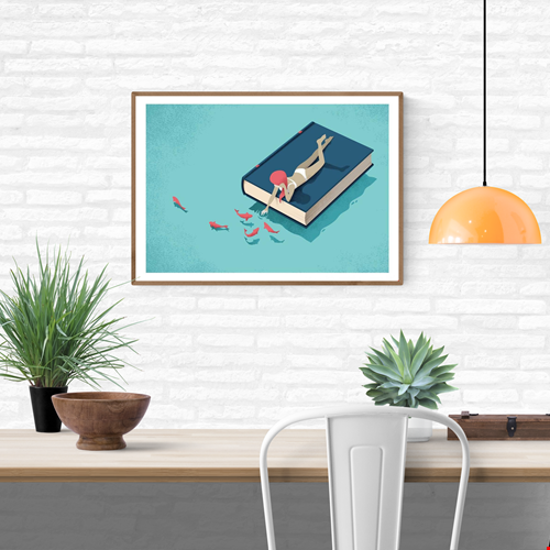 Art print Relaxing by Andrea de Santis showing a woman in a white swimsuit lying on a large blue book floating on turquoise water, reaching toward red fish — a surreal minimalist illustration symbolizing imagination, reading, and tranquility.