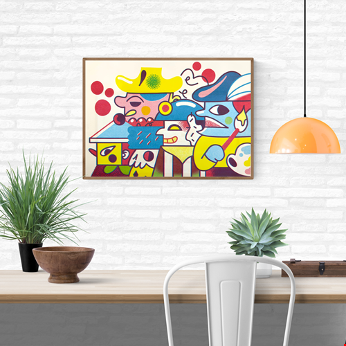 Vibrant A3 risograph print “Plaza Parade” by Auwnanas featuring bold geometric shapes, colourful surreal characters and playful street-parade energy; limited edition modern art print made in Belgium, perfect for contemporary interiors and design lovers seeking bright, quirky wall art.