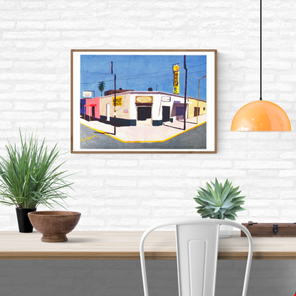 Colorful risograph art print by Japanese illustrator Nao Tatsumi depicting a sunlit street corner in Del Fresno, Mexico City, with vintage signage, palm tree, and pastel buildings under a blue sky — urban landscape art inspired by Google Street View photography, printed on Munken paper, perfect for design and travel lovers.