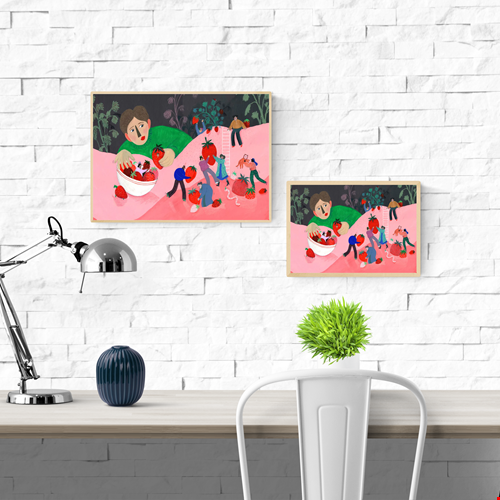 Digital art print "Aardbeien" by Belgian illustrator Louise de Meester, featuring bright red strawberries in a whimsical, textured style. Perfect for colorful kitchen decor and contemporary illustration lovers.