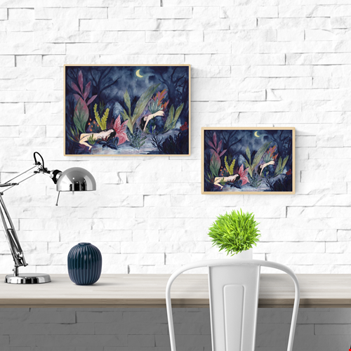 Watercolor art print "Moonlit Forest" by Kim Timmermans, depicting two nude women resting in a lush forest at night under a crescent moon. Surrounded by vibrant tropical foliage in deep blues and greens, creating a mysterious and atmospheric wall art piece.