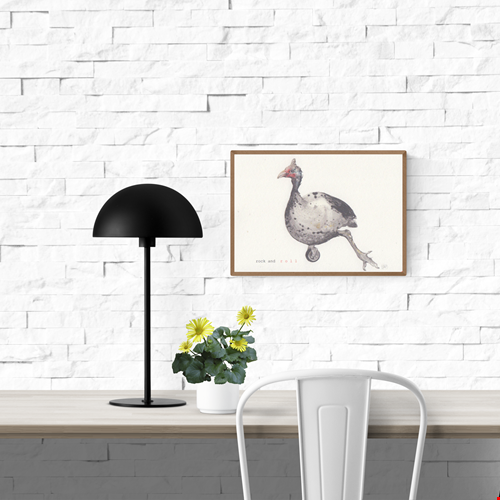 Surrealist illustration of a spotted guinea fowl balancing on a single wheel with the phrase "rock and roll" – small format art print by Belgian artist FAB, A6 size on textured paper.