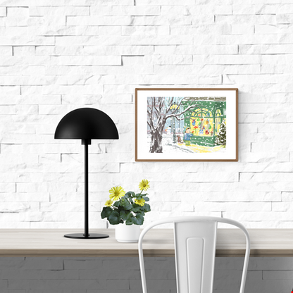 Winter-themed Giclée print by Belgian illustrator Willy Leung – charming A4 art print of a snowy street with a child admiring colorful birdhouses in a shop window – printed with archival pigment inks on 308 gsm Hahnemühle fine art paper.