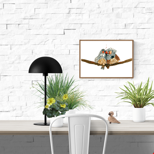 Watercolor illustration of two mandarin diamond finches sitting close together on a branch, symbolizing love and tenderness, soft neutral tones, poetic nature art print by Giu, A3 contemporary wall art.