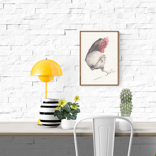 A6 surreal art print by Belgian illustrator FAB titled “Whaaaaaaaat ?” featuring a wide-eyed chicken with a shocked expression, drawn in a humorous, sketchy watercolor style. Printed on 300g Munker Pure paper.