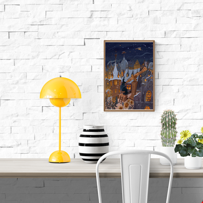 Whimsical winter night illustration by Lena Yampolski featuring a witch with long blue hair stargazing through a large telescope above glowing medieval rooftops, surrounded by snow, sunflowers, and a flying dragon under a starry sky – fantasy art print for cozy interiors.