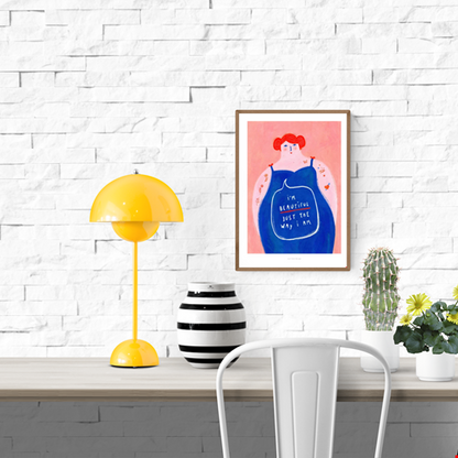 Bold and colorful illustration of a curvy woman with red hair confidently saying “I’m beautiful just the way I am” – empowering A4 art print by Just Cool Design.
