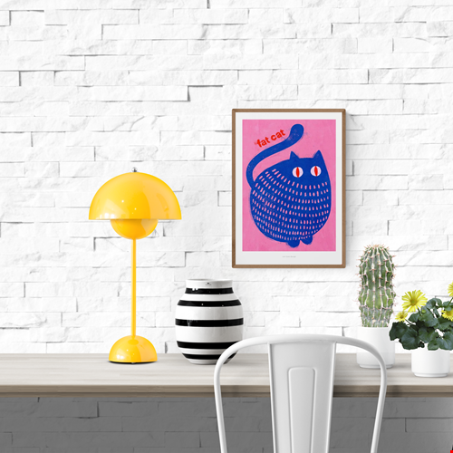 "Fat Cat" by Just Cool Design – playful and bold illustration of a chubby blue cat with red eyes on a vibrant pink background, featuring the text “fat cat”; a fun and colorful wall art print perfect for cat lovers and modern pop art enthusiasts, available at Galerie Frits
