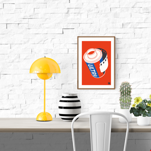 "Film Roll" by VrijFormaat – bold minimalist illustration of a retro 35mm film canister labeled “Ultra” in red, white, and blue, evoking vintage photography nostalgia and modern pop art aesthetics; a perfect gift for analog film lovers and creative wall decor, available at Galerie Frits
