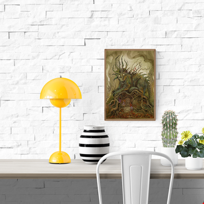 Detailed fantasy illustration by Lena Yampolski titled The Guard, showing a giant tree creature with glowing eyes protecting a wooden door in a forest. Rich earthy colors, roots, branches, mushrooms, and a small figure in purple cloak evoke an enchanted, fairy-tale atmosphere. Giclée fine art print, 23 x 29.2 cm.