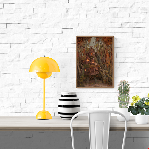 Illustration of a magical wooden house hidden in an autumn forest with glowing windows, owls, and a witch watching the night sky through a telescope. Detailed fantasy artwork by Lena Yampolski inspired by Slavic folktales, printed as a high-quality giclée art print on matte paper.