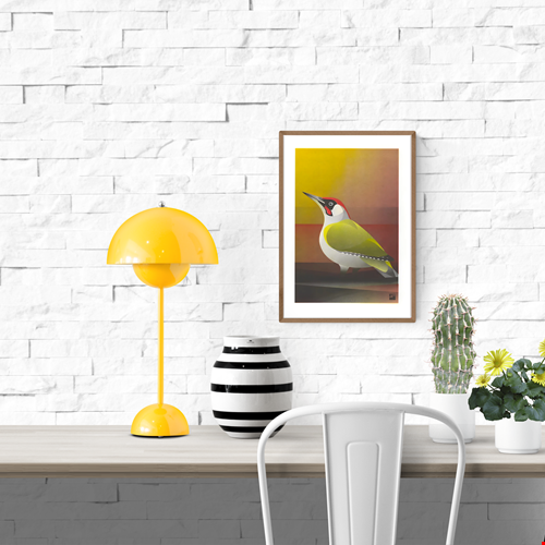 Colorful risograph art print of a European Green Woodpecker (Picus viridis) by VrijFormaat, minimalist bird illustration in yellow, green, and red tones on A4 eco-friendly paper – modern wall art made in the Netherlands