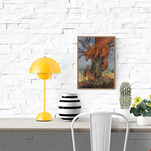 A detailed fantasy illustration titled Beast of Autumn by Lena Yampolski, featuring a majestic dragon made of orange leaves resting in a giant ancient tree while a villager with a basket walks nearby, surrounded by mushrooms and a misty countryside house — a magical autumn scene perfect for cozy interior decor and art lovers.