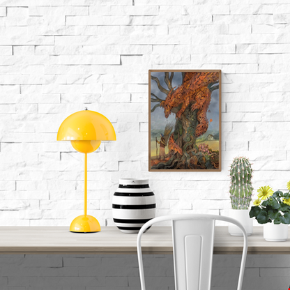 A detailed fantasy illustration titled Beast of Autumn by Lena Yampolski, featuring a majestic dragon made of orange leaves resting in a giant ancient tree while a villager with a basket walks nearby, surrounded by mushrooms and a misty countryside house — a magical autumn scene perfect for cozy interior decor and art lovers.