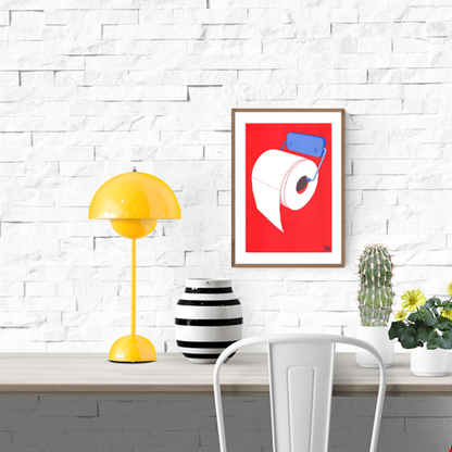 Minimalist risograph art print of a toilet paper roll in bold red and blue by VrijFormaat. Modern pop-art style wall art celebrating everyday design objects. Printed on Biotop 160g paper, A4 size, made in the Netherlands.