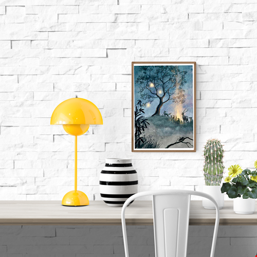 Dreamlike digital art print Boom by Belgian illustrator Stien van Kerckhoven, showing forest animals gathered around a glowing fire under a tree with lanterns — a magical night scene evoking peace, warmth, and wonder. Perfect wall art for cozy, nature-inspired interiors.