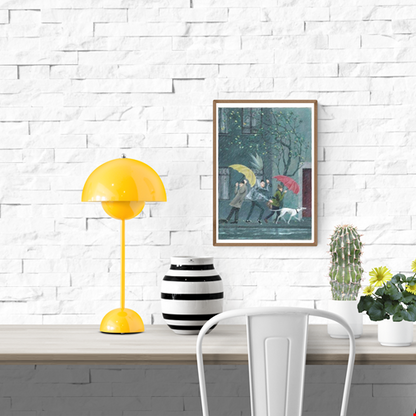 Illustration Regen by Stien van Kerckhoven showing three people and a white dog walking in heavy rain with colorful umbrellas — a charming, high-quality digital art print full of motion, humor, and cozy atmosphere, perfect wall art for lovers of whimsical everyday scenes.