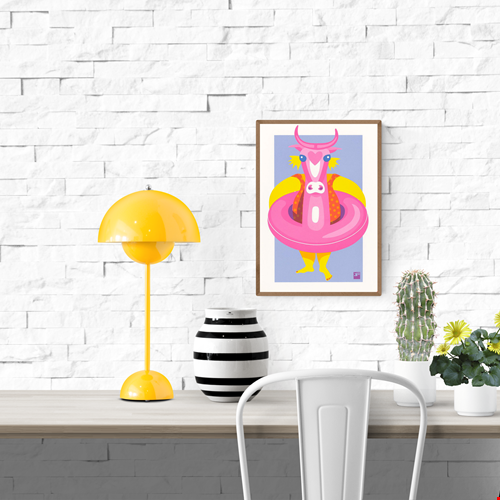 Playful risograph illustration of a child with a large pink inflatable cow float at the beach, in vibrant summer colors – Kid with Floating Cow by VrijFormaat – A4 art print.