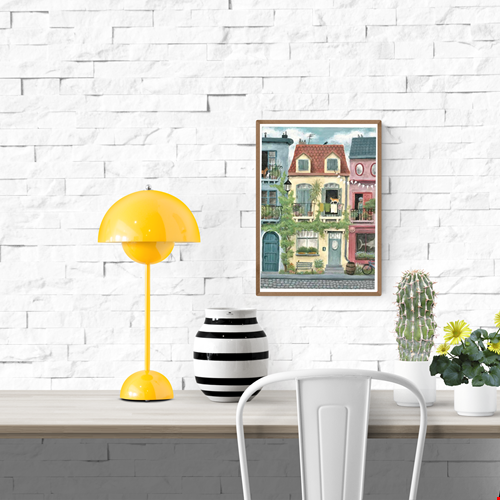 Illustration of charming European townhouses with balconies, plants, cats, and neighbors by Belgian artist Stien van Kerckhoven. Whimsical giclée art print capturing cozy urban life, perfect wall art for home decor lovers in Belgium, the Netherlands, France, and Germany.