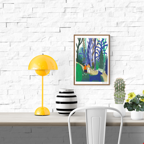Digital art print "Blauwe Wandeling" by Louise de Meester, featuring two people walking in a lush, colorful park with large blue plants and a playful blue dog. Ideal for whimsical and nature-inspired home decor.