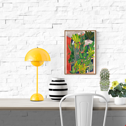 Bloom by Kim Timmermans – botanical illustration of lush green plants surrounding a terracotta building with small white figures at windows, whimsical and vibrant wall art available at Galerie Frits